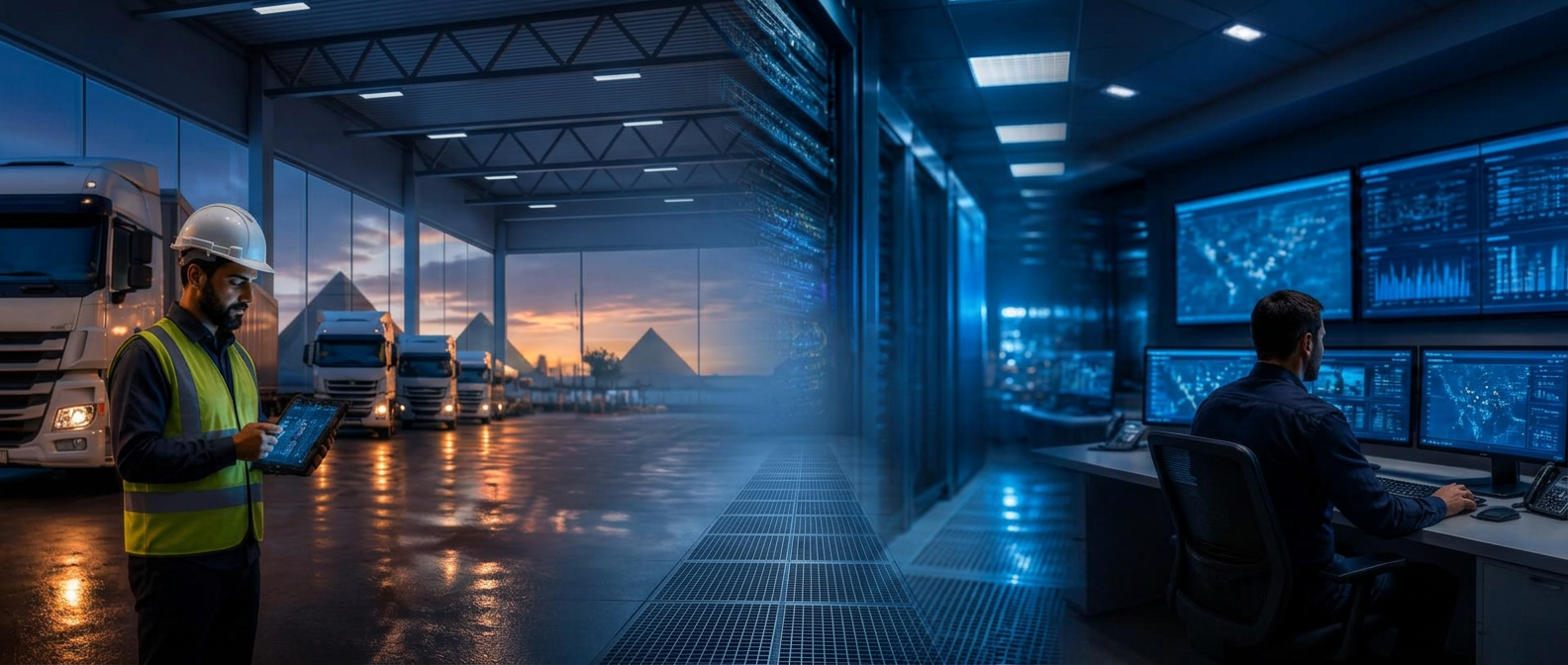 One continuous ETIT operating picture: a field engineer beside connected trucks at a depot, a network infrastructure corridor, and an operations room monitoring platforms