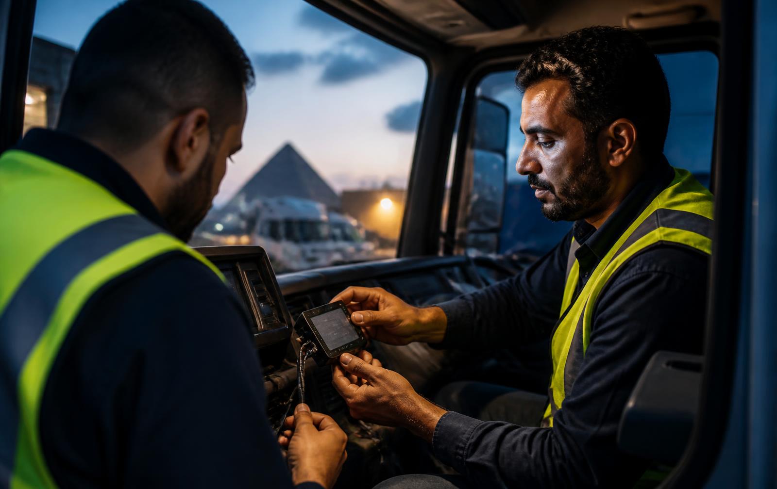 ETIT field engineers fitting a telematics unit inside a truck cab at an Egyptian depot at dusk