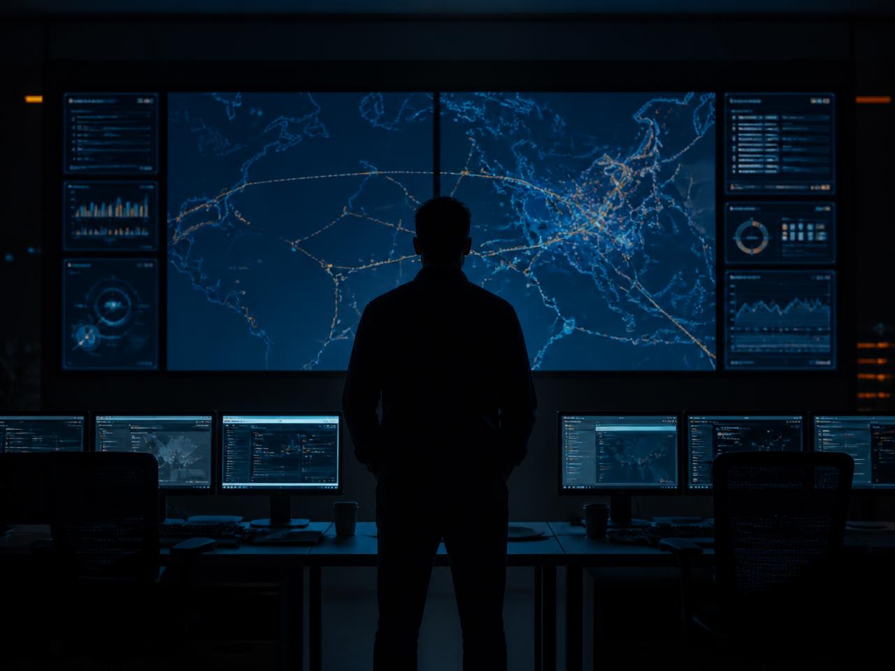 Night-shift operations room with an engineer reviewing fleet activity on wall screens
