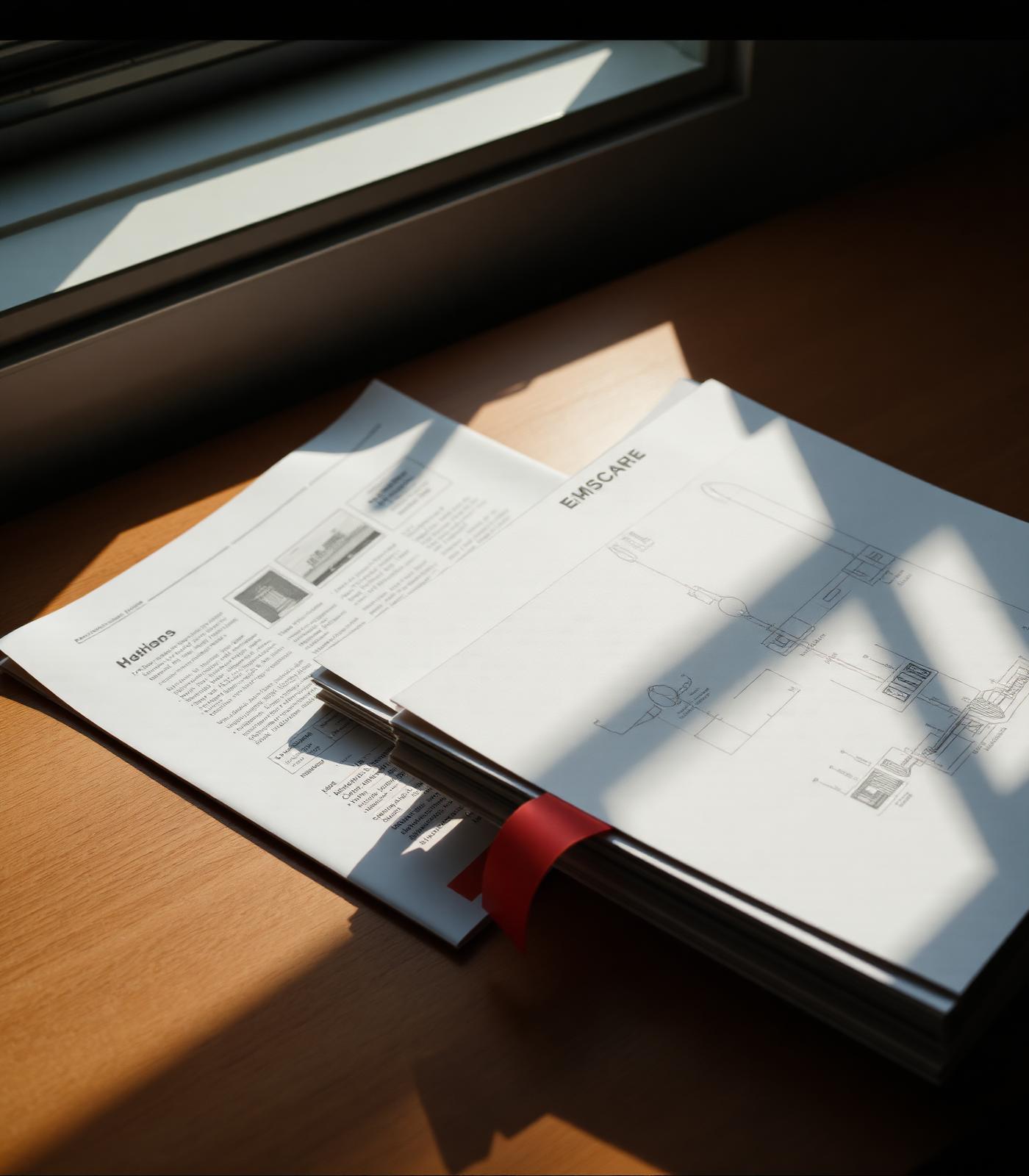 Technical documents and diagrams in raking daylight
