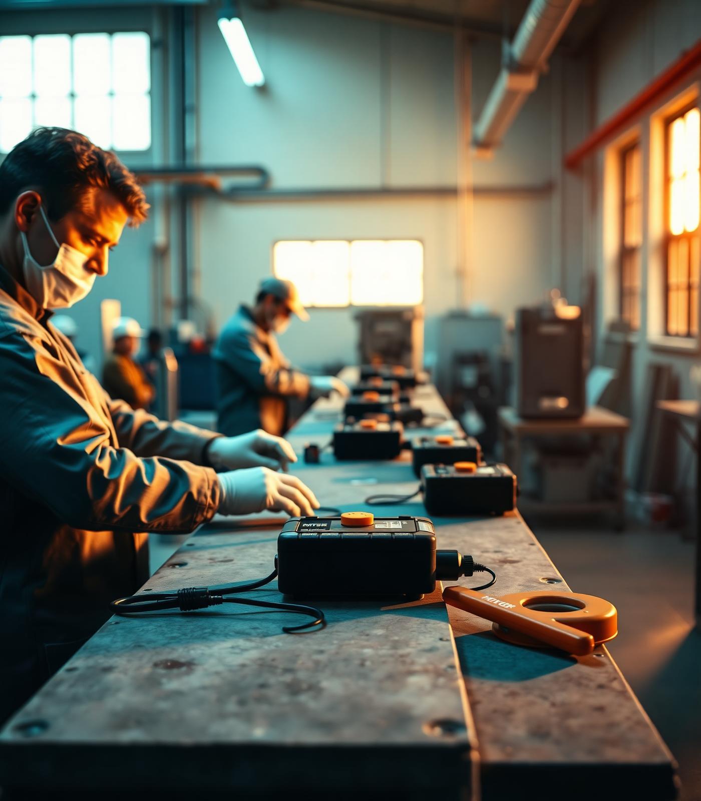 Technicians calibrating telematics hardware on a service bench