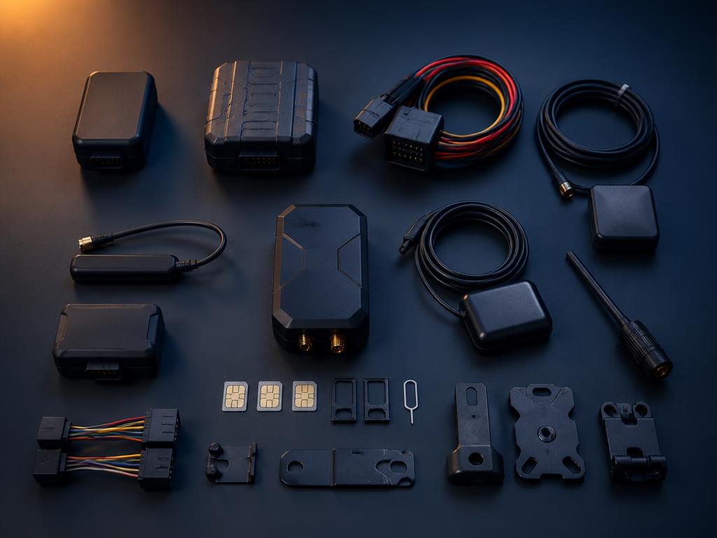 Telematics hardware, harnesses and mounting brackets laid out in a grid