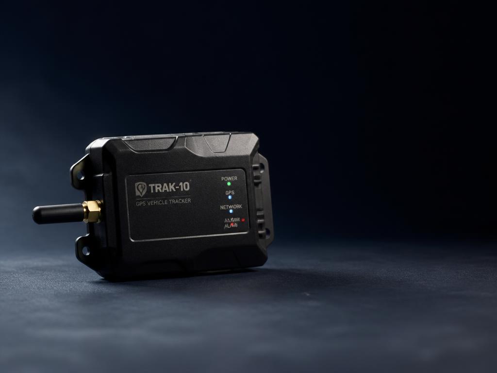 Rugged vehicle tracking unit lit against a deep navy background