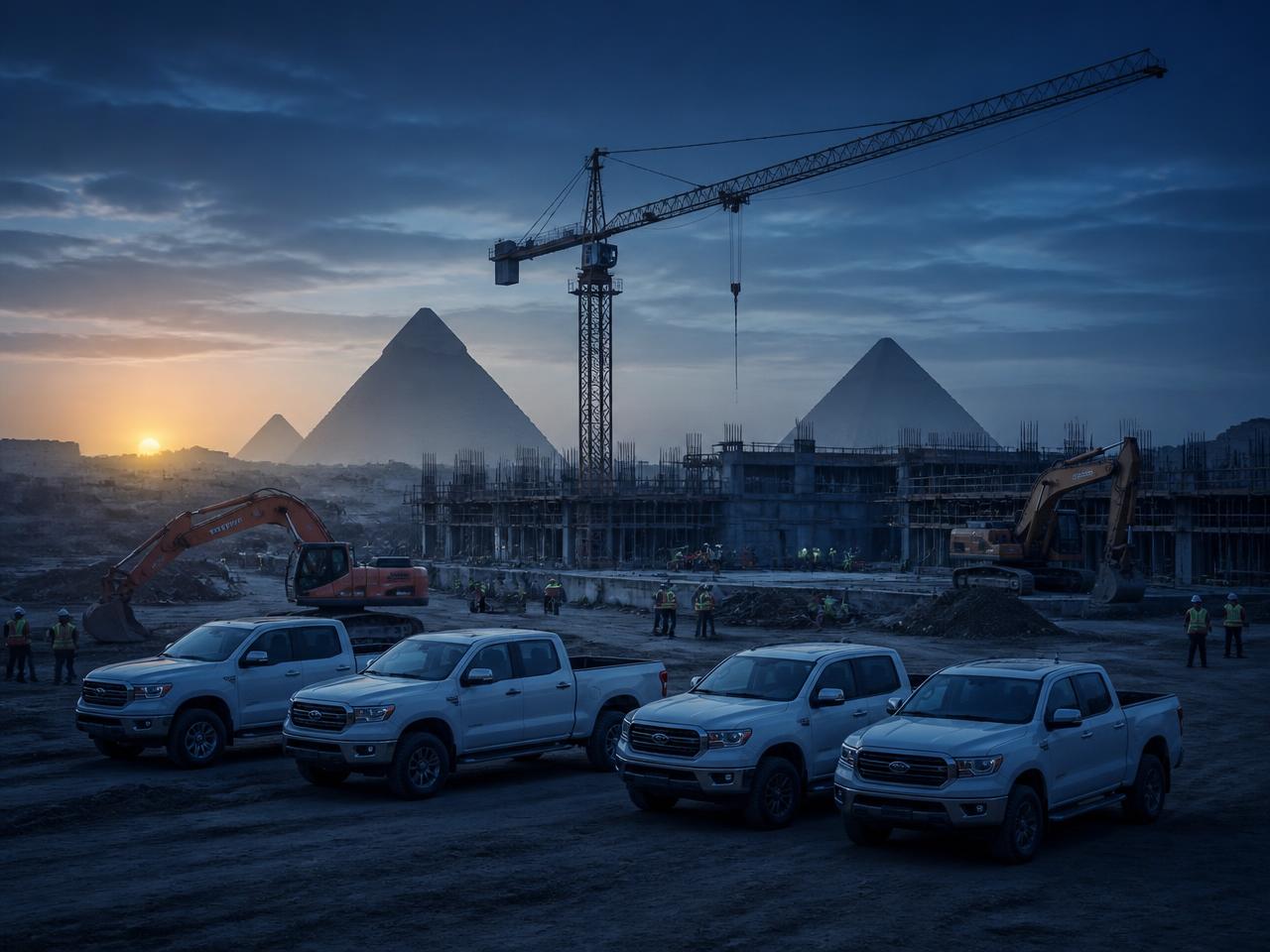 Active construction site at dawn with a tower crane, excavators and project pickups
