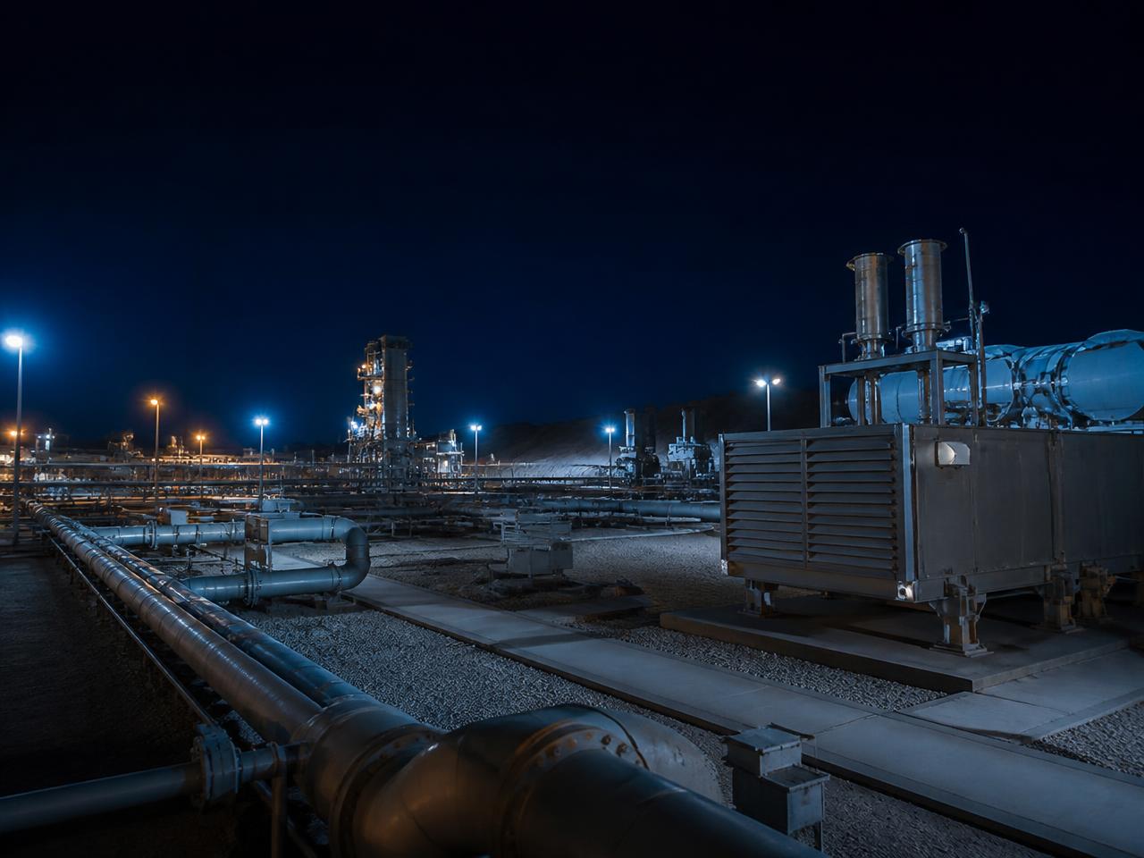 Remote industrial energy site at night with pipework and generator plant
