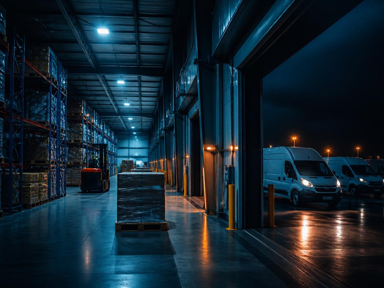 Distribution warehouse at night with racking, pallets and last-mile vans at the loading bays