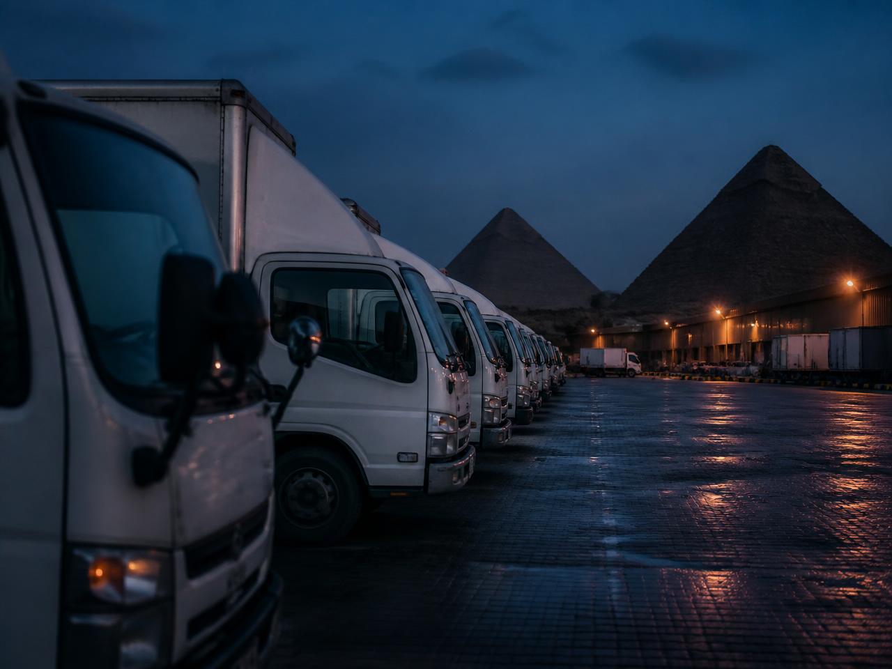 Commercial distribution fleet staged at an Egyptian logistics depot at blue hour