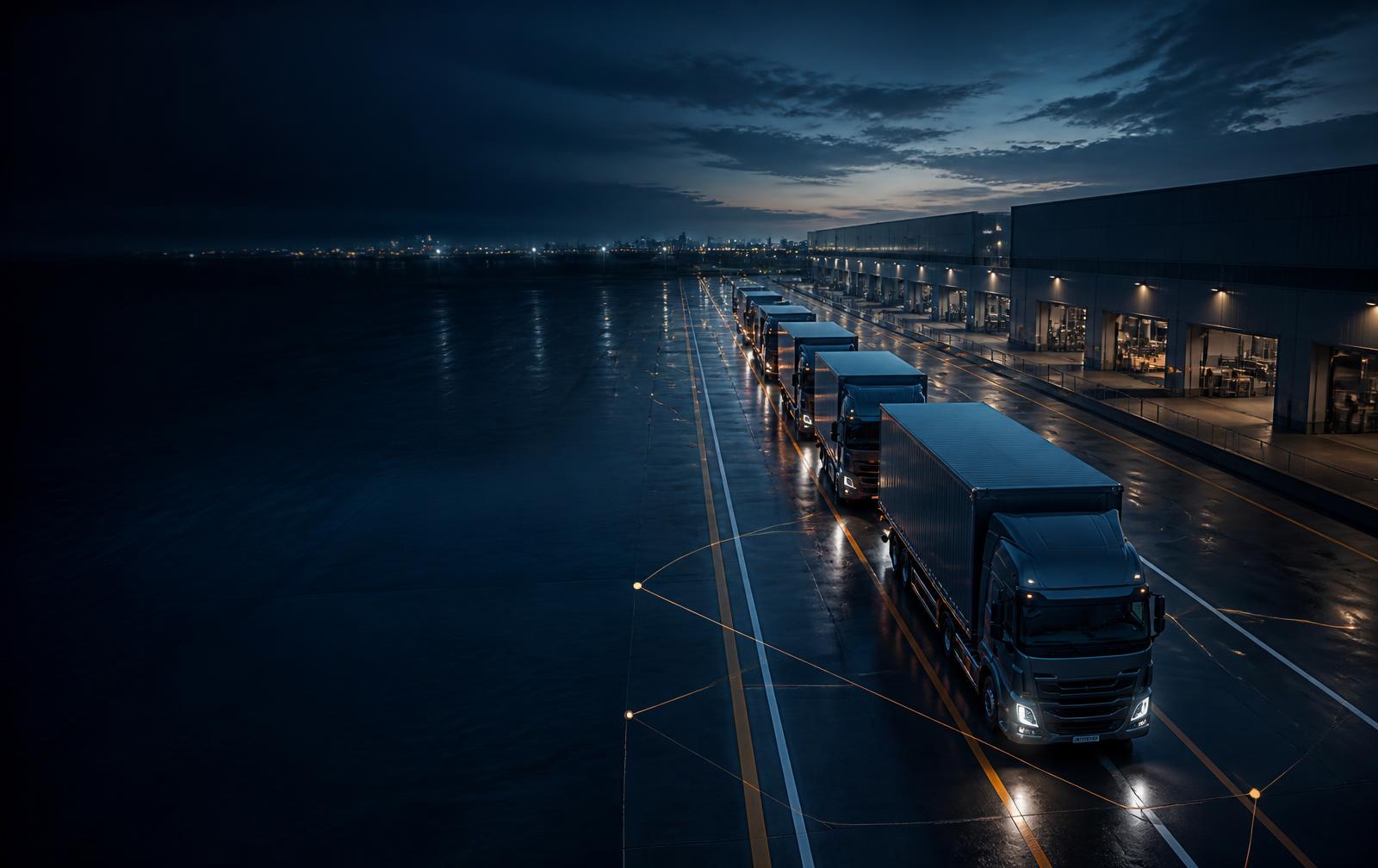 Commercial fleet staged along a distribution corridor at blue hour