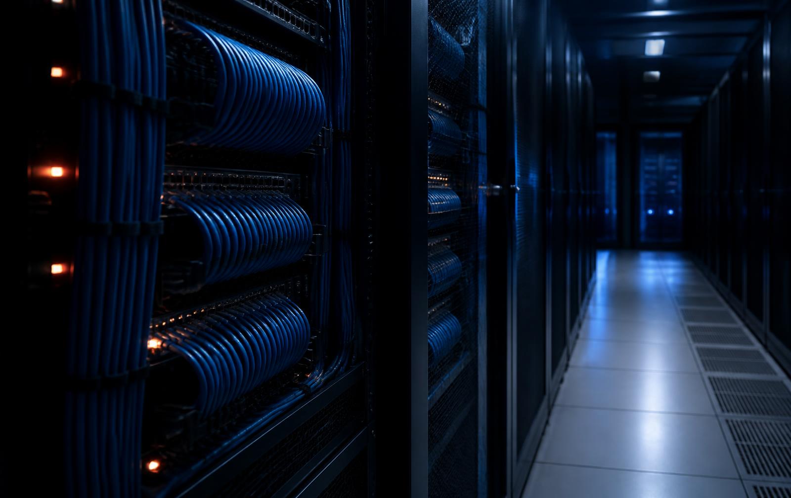 Structured cabling and network racks inside a modern data hall