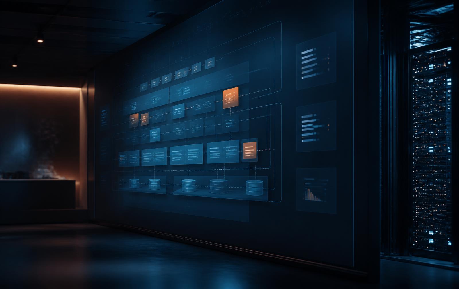 Layered platform architecture projected across an engineering operations wall