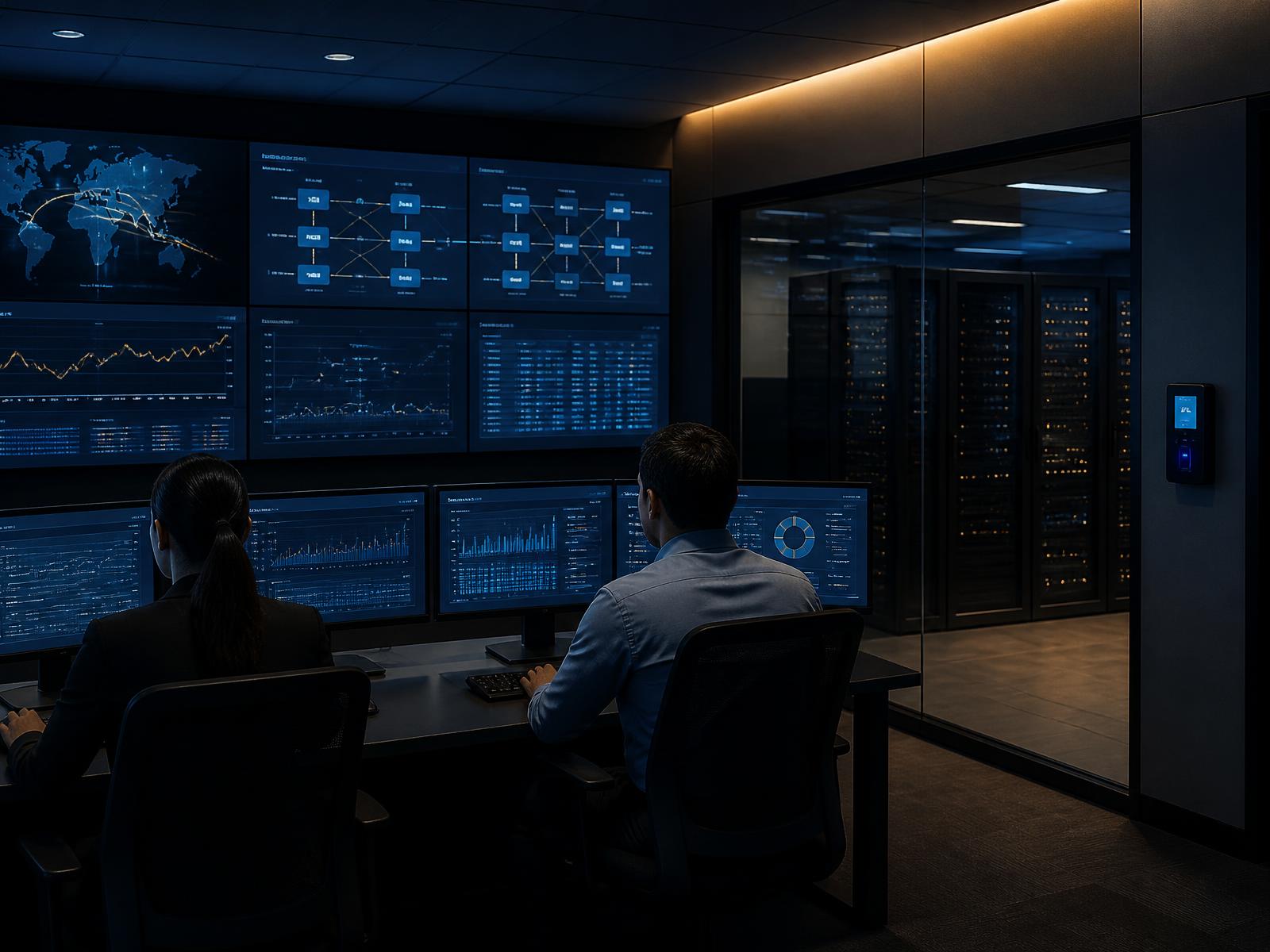 Security operations analysts monitoring enterprise network traffic beside a protected server hall