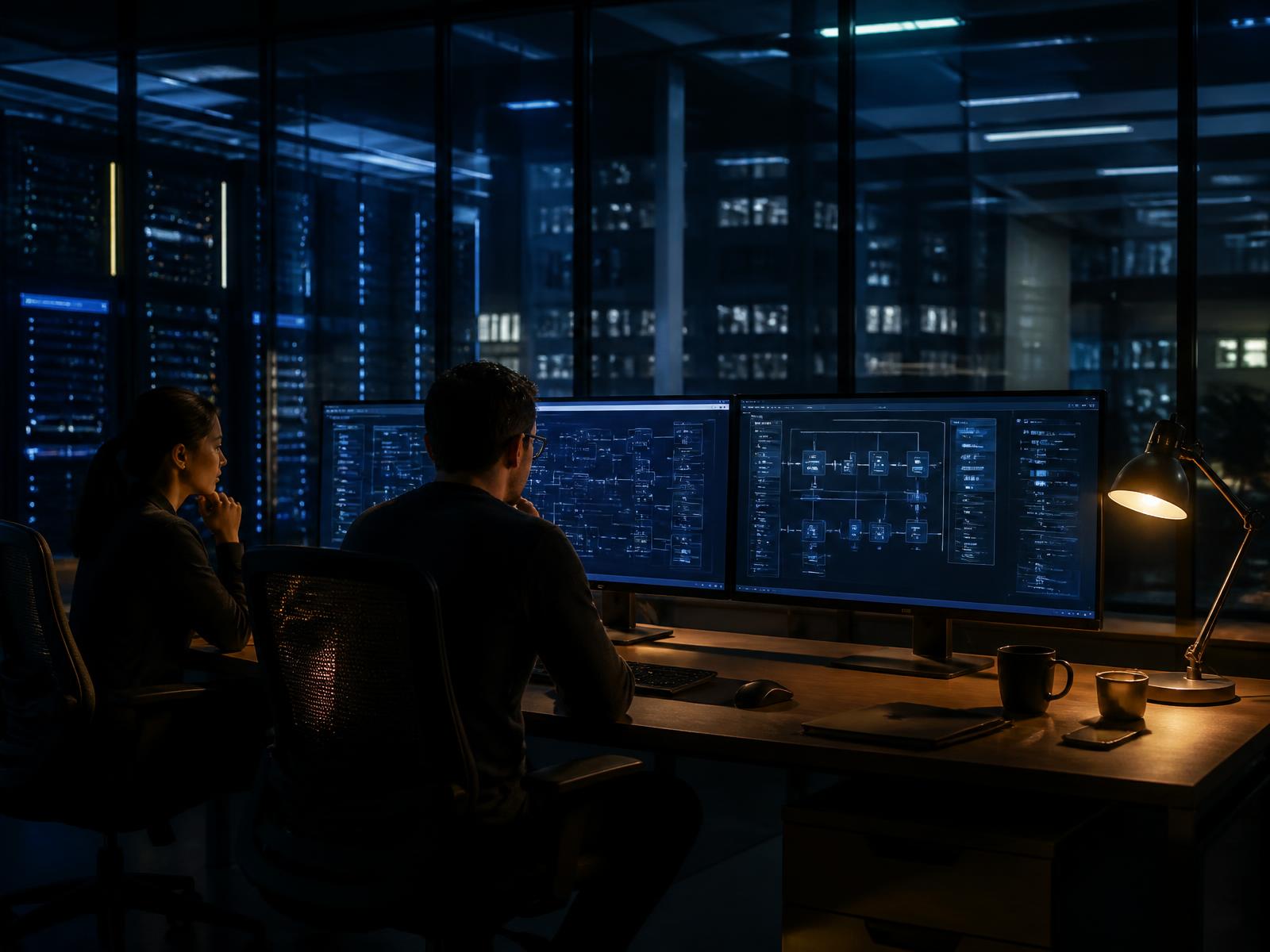 Engineers reviewing enterprise platform architecture with a connected server hall behind them