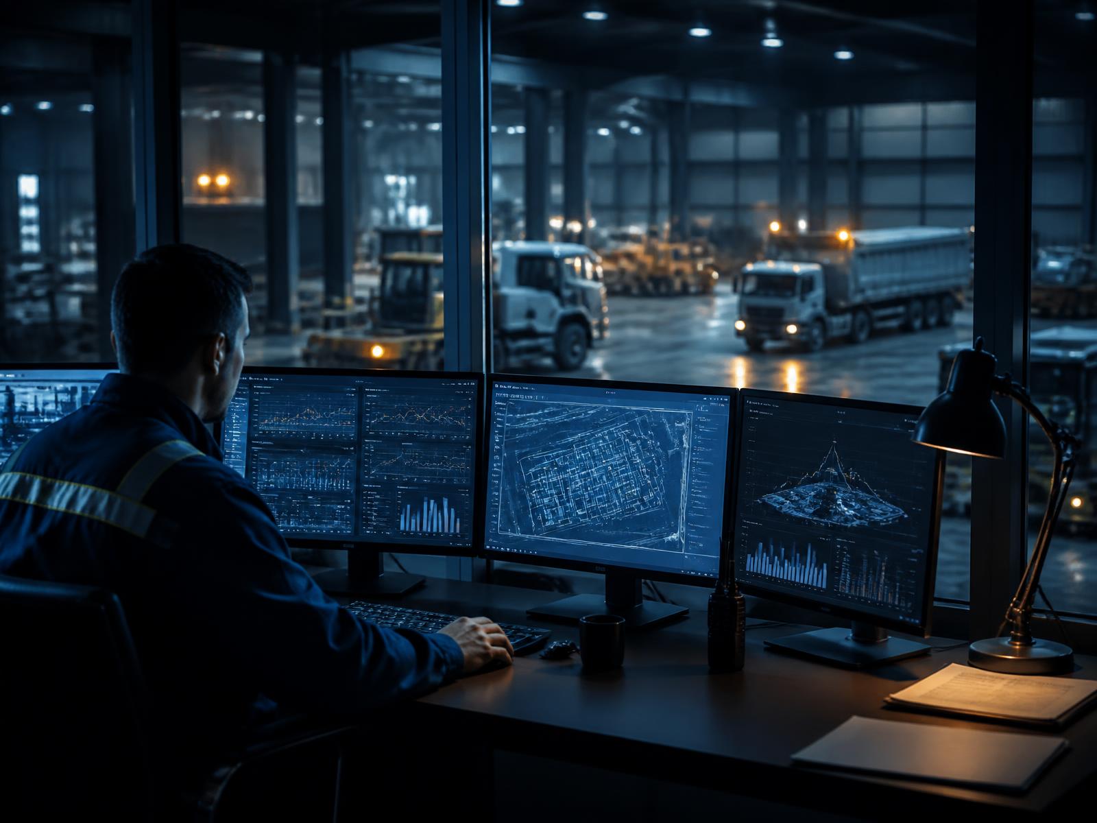 Operations desk overlooking a working depot, joining enterprise systems to physical operations